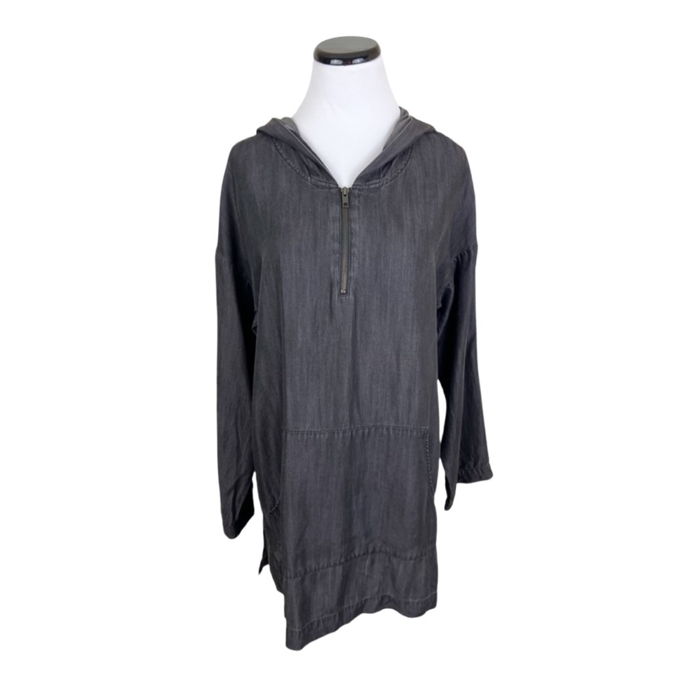 Soft Surroundings Nantucket Chambray Hooded Zip Front Pullover Top Gray Small